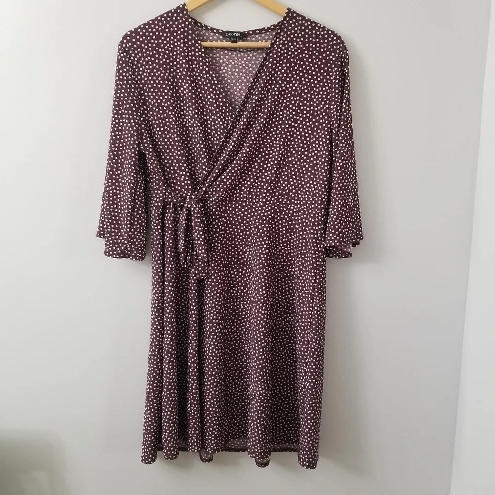𝅺polka Dot Illusion Faux Wrap Loose Dress Lg 3/4 Sleeve - Picture 6 of 8